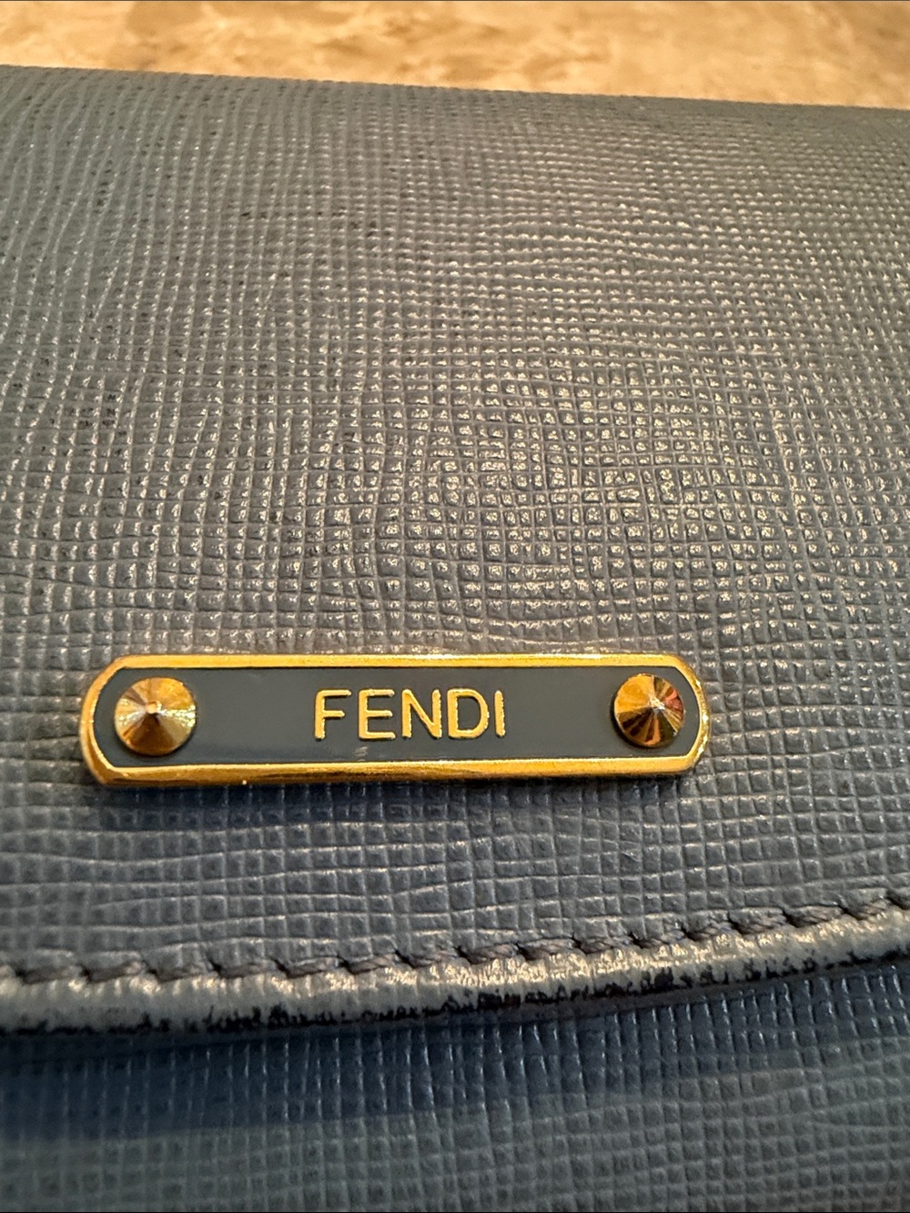 Fendi Authentic Textured Navy Leather Trifold Wallet with Gold Logo Plate - Picture 3 of 17